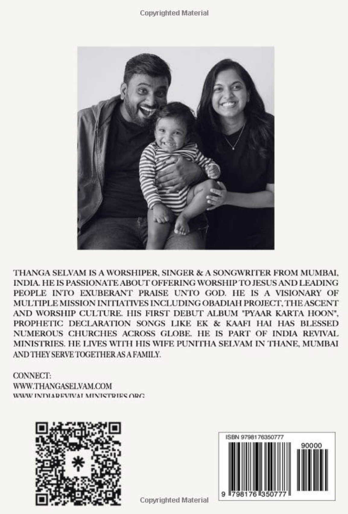 Back cover of Songwriting featuring Thanga Selvam with his family, his author biography, and the ISBN barcode